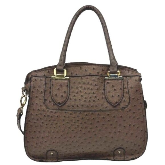 London Fog Brown Ostrich‎ Embossed Satchel Handbag With Shoulder Strap - Picture 2 of 5